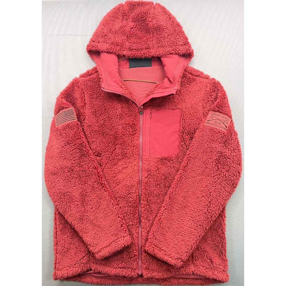 Grunt Style Sherpa Fleece Hooded Jacket Full Zip Flag Patch Red | Men's Medium - Picture 5 of 16